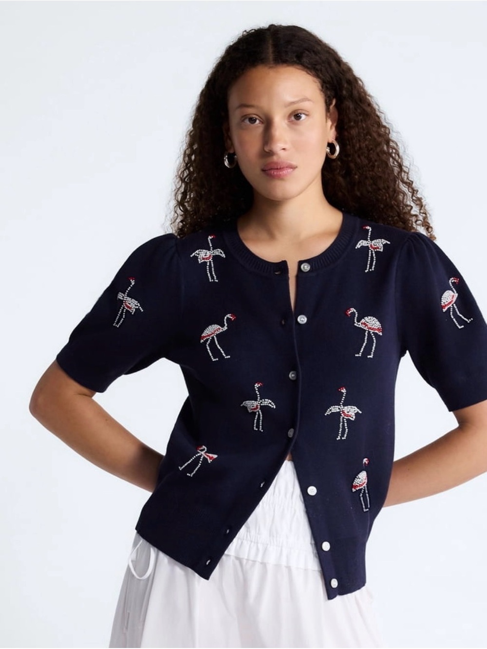 Puff sleeve beaded flamingos cardigan
